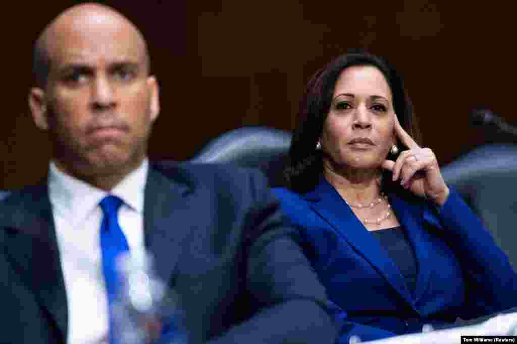 卡马拉·哈里斯 (Kamala Harris) 出席美国参议院司法委员会会议，2020 年 6 月 16 日。警察杀害非裔美国人乔治·弗洛伊德引发全国暴力抗议后，哈里斯公开支持激进的警察改革。  